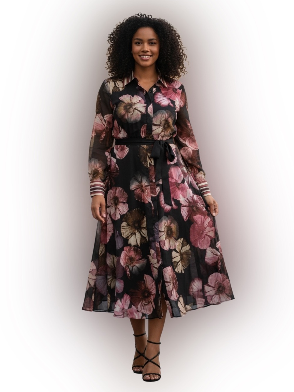 Karen Millen Moody Floral Black Border Print Shirt Midi Dress NWT US 12